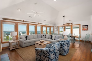 TV, fireplace - Sunset Shack: Soundfront, great sunsets, hot tub, community pool & tennis courts (Nags Head)