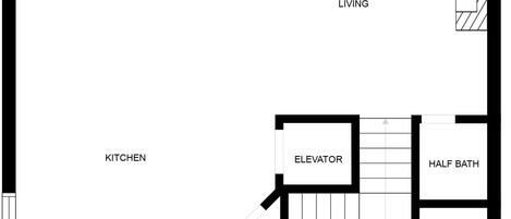 Plantegning der viser et badeværelse, køkken, spiseområde, opholdsstue, soveværelse og udgang til en terrasse.