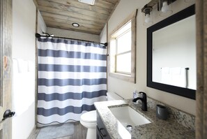 Combined shower/tub, hair dryer, towels, soap