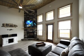 Smart TV, fireplace, DVD player, foosball