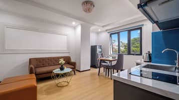 Apartment, 1 Bedroom, Sauna, City View | Minibar, in-room safe, desk, laptop workspace