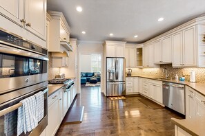 Fridge, microwave, oven, stovetop - Modern home with dog-friendly yard, private pool/hot tub, pickleball & fast WiFi (Mashpee)