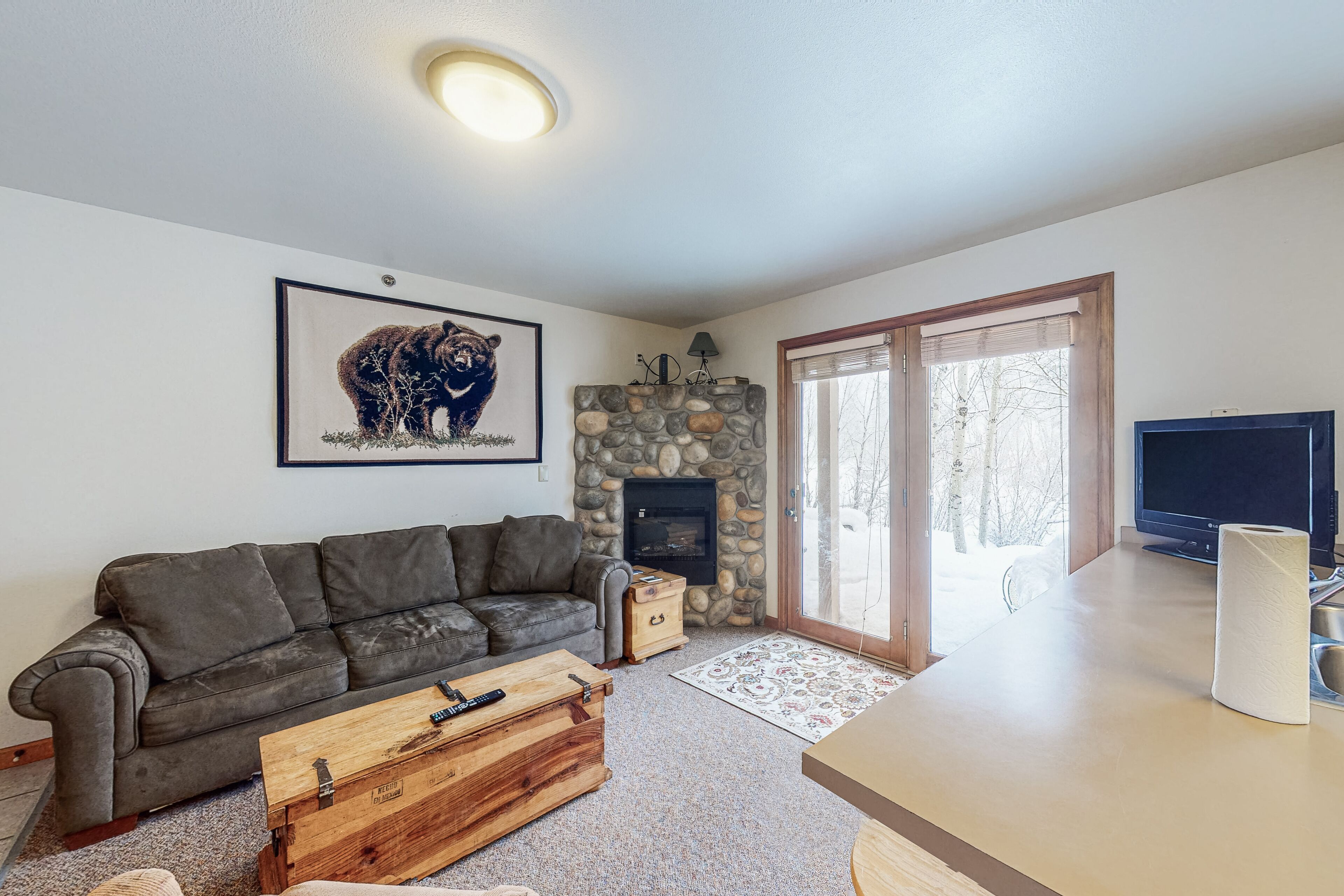 Riverfront condo with free wifi, fireplace, patio, & gas grill