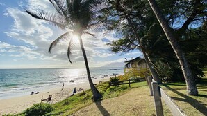 A beach with palm trees, a clear sky, and the ocean. - Maui South Kihei New Modern Spacious Ocean View Condo, 5 mins walk to beach! (KIHEI)