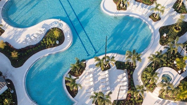 Ein großer, klarer Swimmingpool mit mehreren Bahnen, umgeben von Liegestühlen und Palmen.