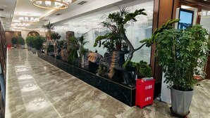 A hotel lobby with a marble floor, a reception desk, and several potted plants.