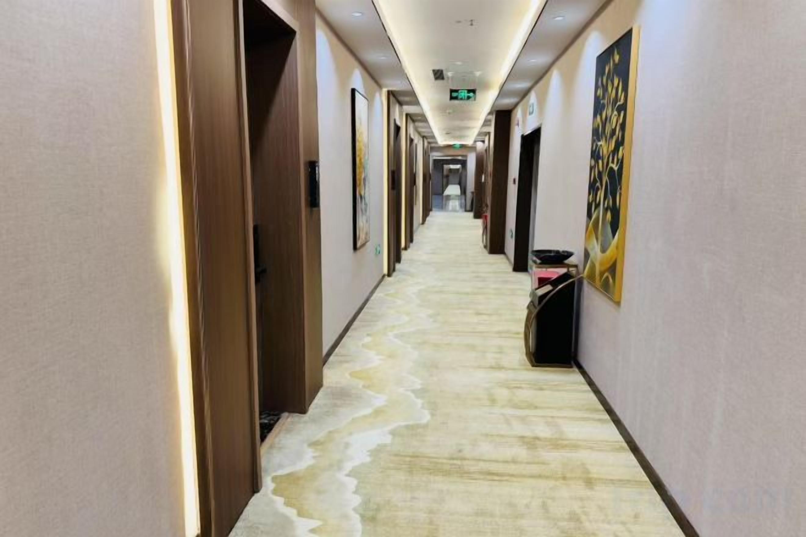 A hotel corridor with doors on the left, a carpeted floor, and framed artwork on the walls.