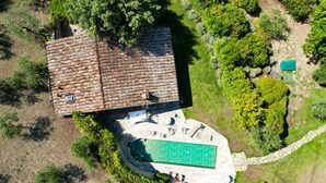 An aerial view of a property with a swimming pool, a patio with outdoor furniture, and a large garden area.