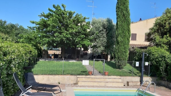 A pool area with lounge chairs, a staircase leading to a building, and a tall tree in the background.