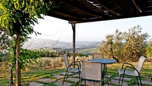An outdoor patio with a table and chairs, overlooking a scenic landscape with hills and trees. - SOTTO COLLE - COTTAGE (Montelupo Fiorentino)