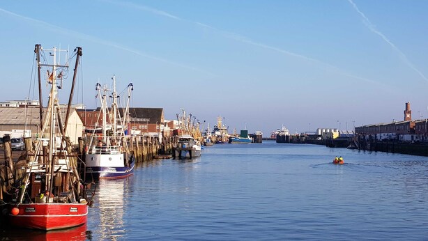 Un port où des bateaux sont amarrés le long des quais, un ciel dégagé et un clocher visible au loin.