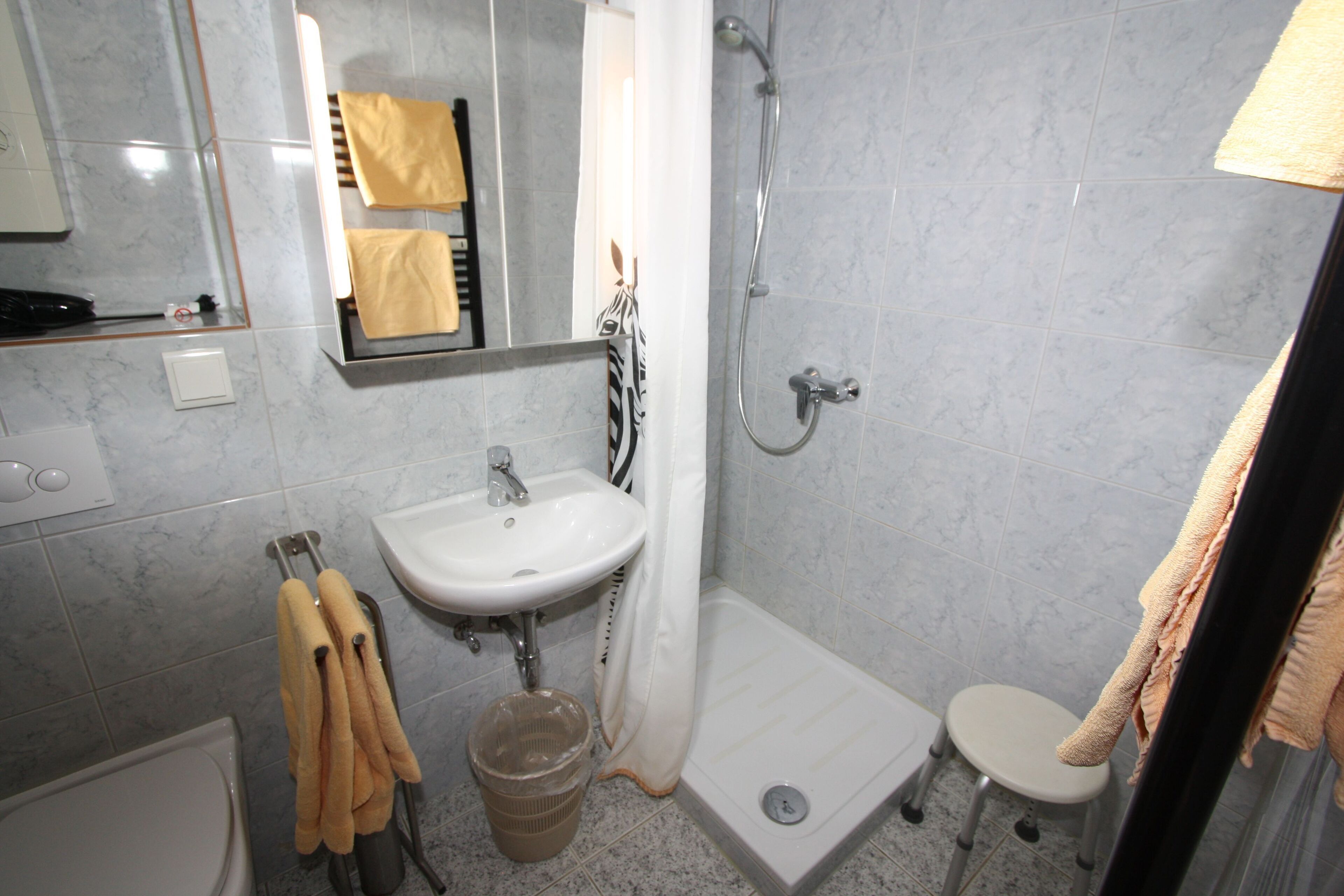 A bathroom with a sink, mirror, shower, toilet, and towels.
