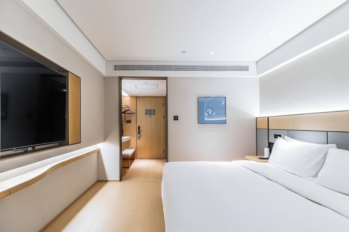 Una habitación de hotel moderna con una cama grande, televisión, zona de ducha y un cuadro en la pared.