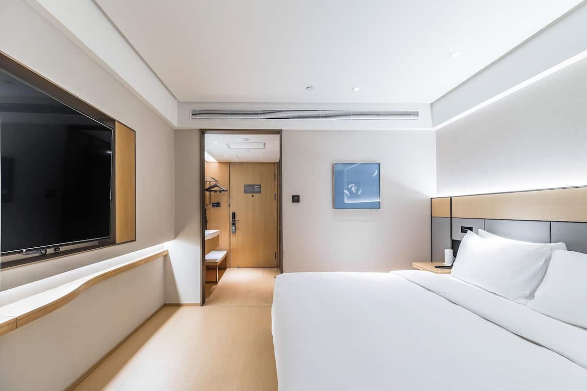 A modern hotel room with a large bed, a television, a shower area, and a framed picture on the wall.