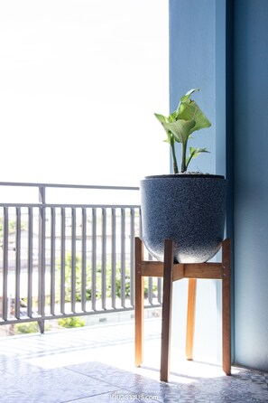 A potted plant on a wooden chair by a balcony with a railing. - Is Am Are Stay Boutique (Ratchaburi)