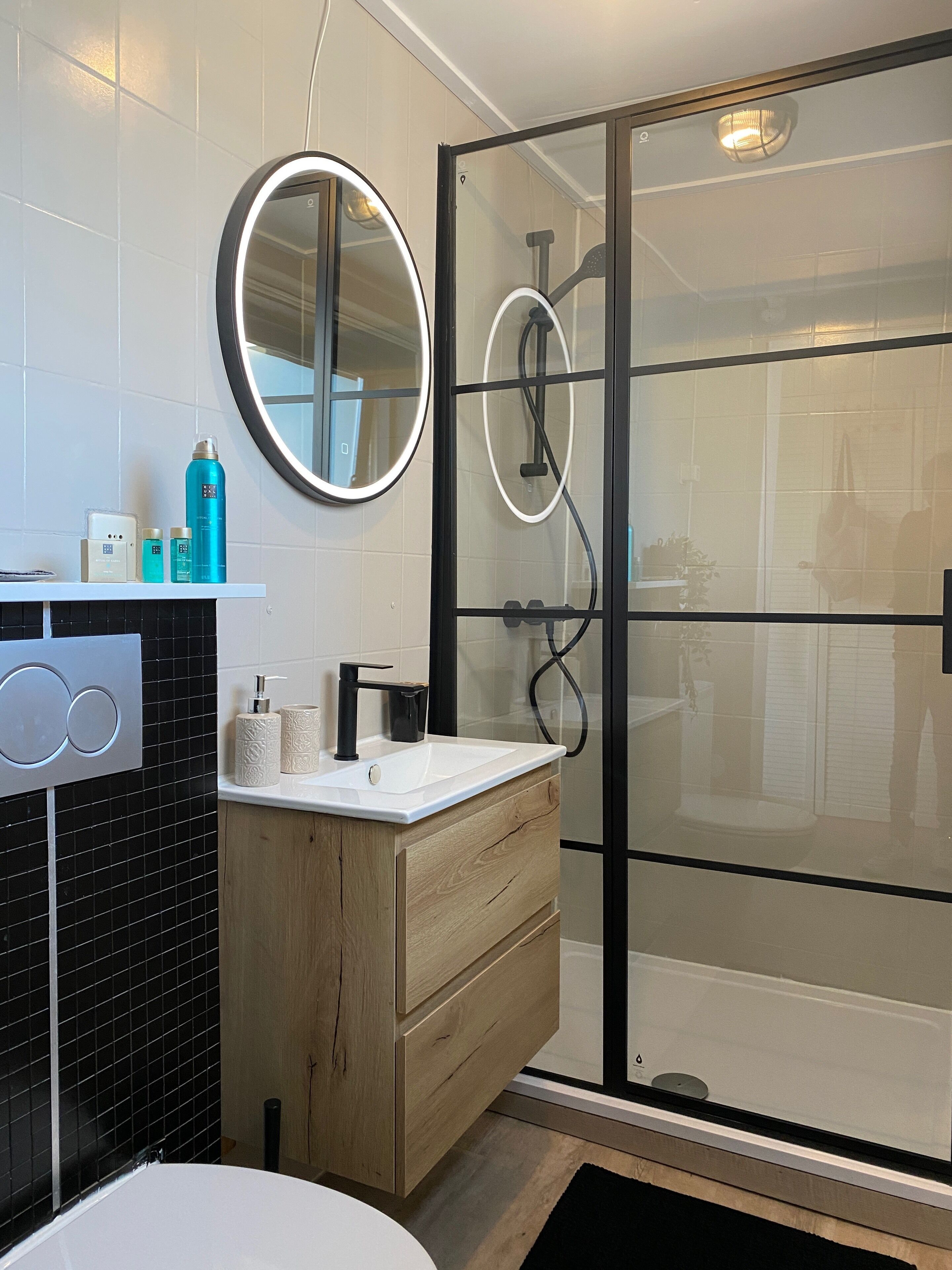 Shower, hair dryer, soap, toilet paper