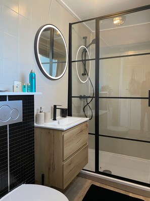 Douche, séchoir à cheveux, savon, papier de toilette