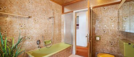 Une salle de bain avec une baignoire, des toilettes et une douche.
