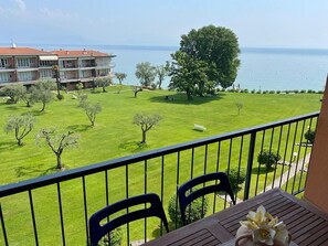 A balcony with a view of a well-maintained lawn, a large tree, and a building across the water.