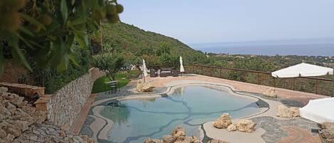 Kauden mukainen ulkouima-allas, aurinkovarjoja, aurinkotuoleja