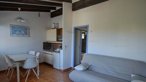 A compact living space with a dining area, kitchenette, and a sofa.