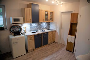 Fridge, microwave, coffee/tea maker, electric kettle