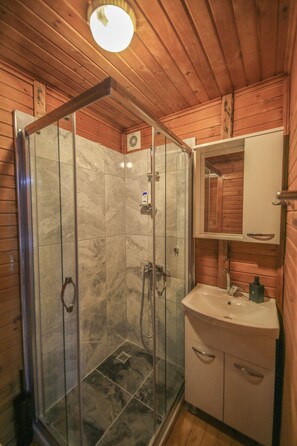Shower, hair dryer, bathrobes, towels