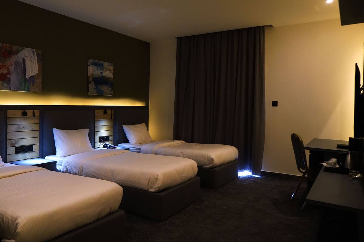 Habitación de hotel con dos camas, un escritorio y una silla.
