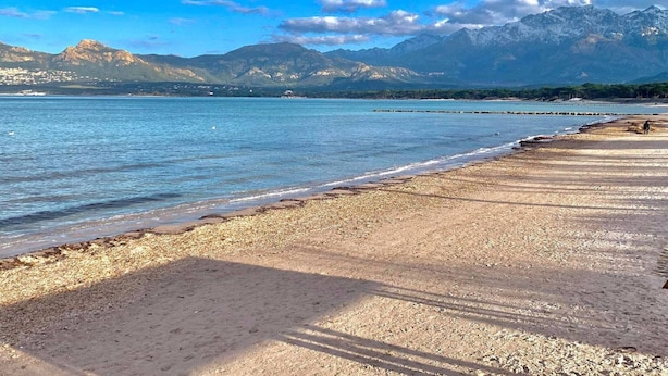 A beach with a pebble shore, calm water, and mountains in the background. - Cozy 1-Bedroom Apartment with Terrace, 100m from Beach, Parking Included - Calvi (Calvi)
