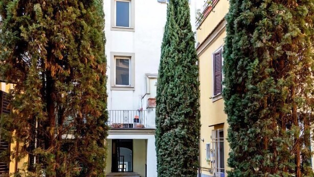 Um pátio com árvores altas, um caminho de pedras e um edifício com sacadas e janelas.