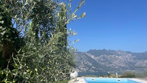 A swimming pool with a mountain backdrop.