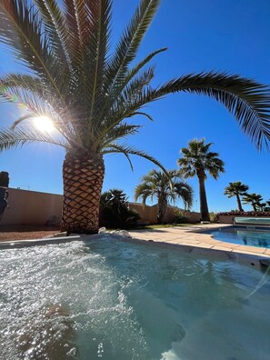 A swimming pool with palm trees and a clear blue sky. - Gîte les palmiers (Roquebrune-sur-Argens)