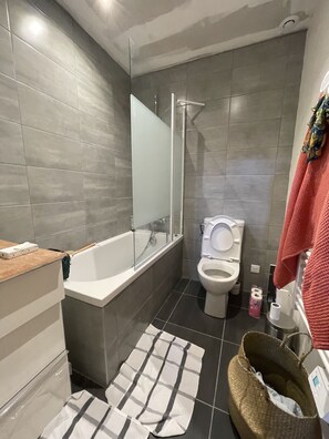 Combined shower/bathtub, hair dryer, towels, soap
