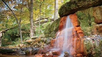 A natural waterfall in a forested area with rocks and trees.