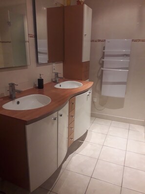 A bathroom with two sinks, a mirror, and a shower area.