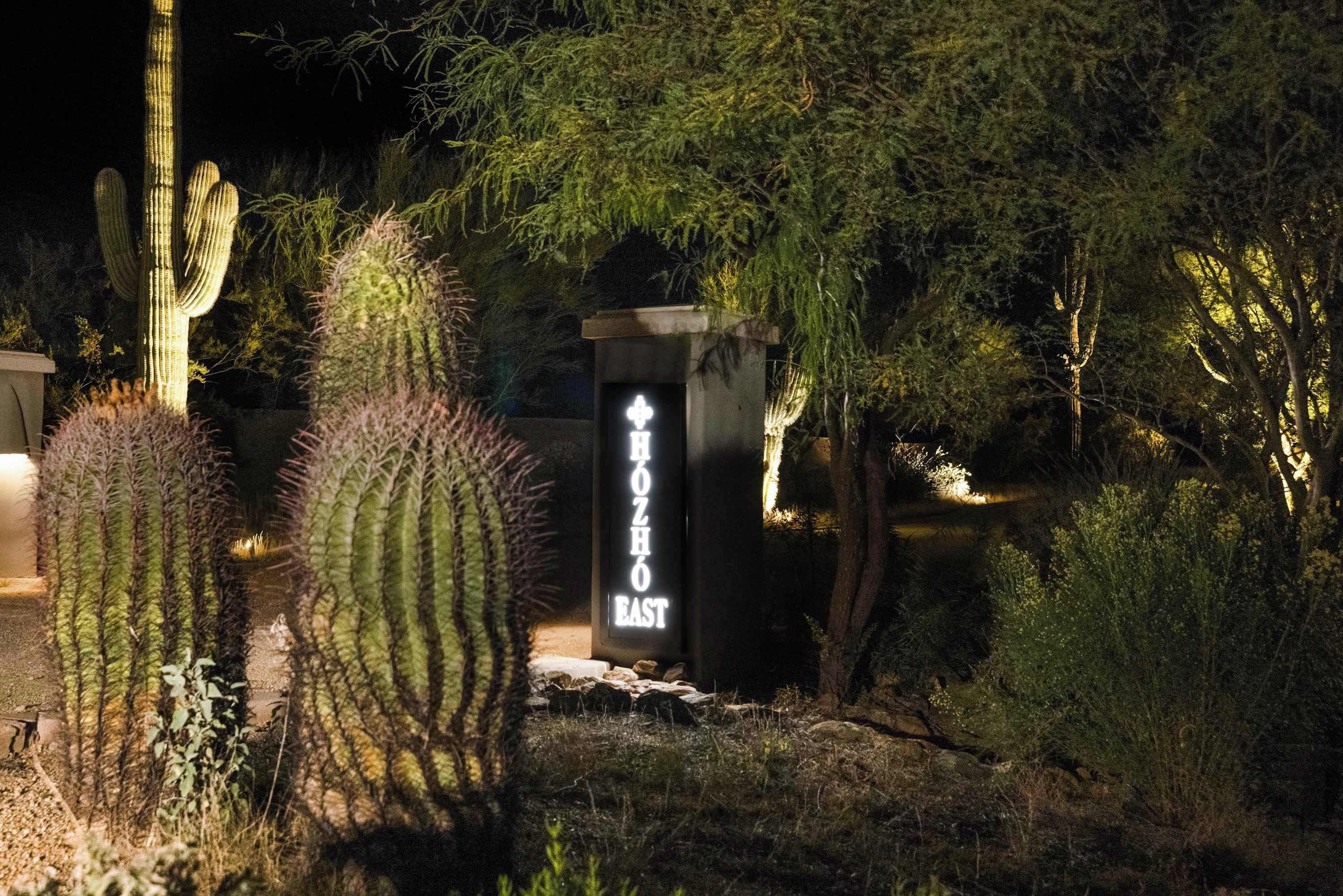 A sign with the text "ROZHO EAST" in a garden setting with cacti and trees.