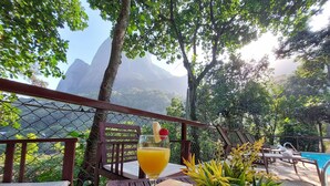 A wooden table with a glass of orange juice, a book, and a potted plant. - Pedra Bonita Flats (Rio de Janeiro)