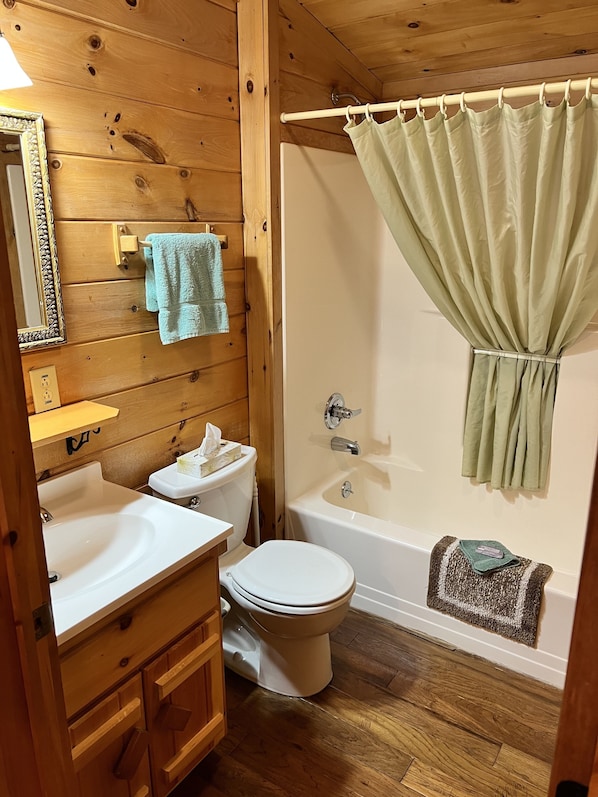 Combined shower/bathtub, hair dryer, towels, soap