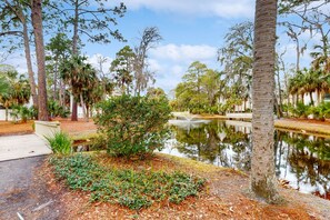 Surrounded by lush trees and a tranquil water feature, this serene oasis invites relaxation and leisure.