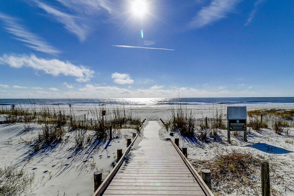Walk along the beach on a wooden boardwalk surrounded by sand dunes and lush vegetation.