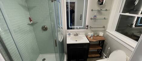 A bathroom with a glass-enclosed shower, a white sink with a mirror above it, and a white toilet.