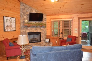 Smart TV, chimenea y libros 