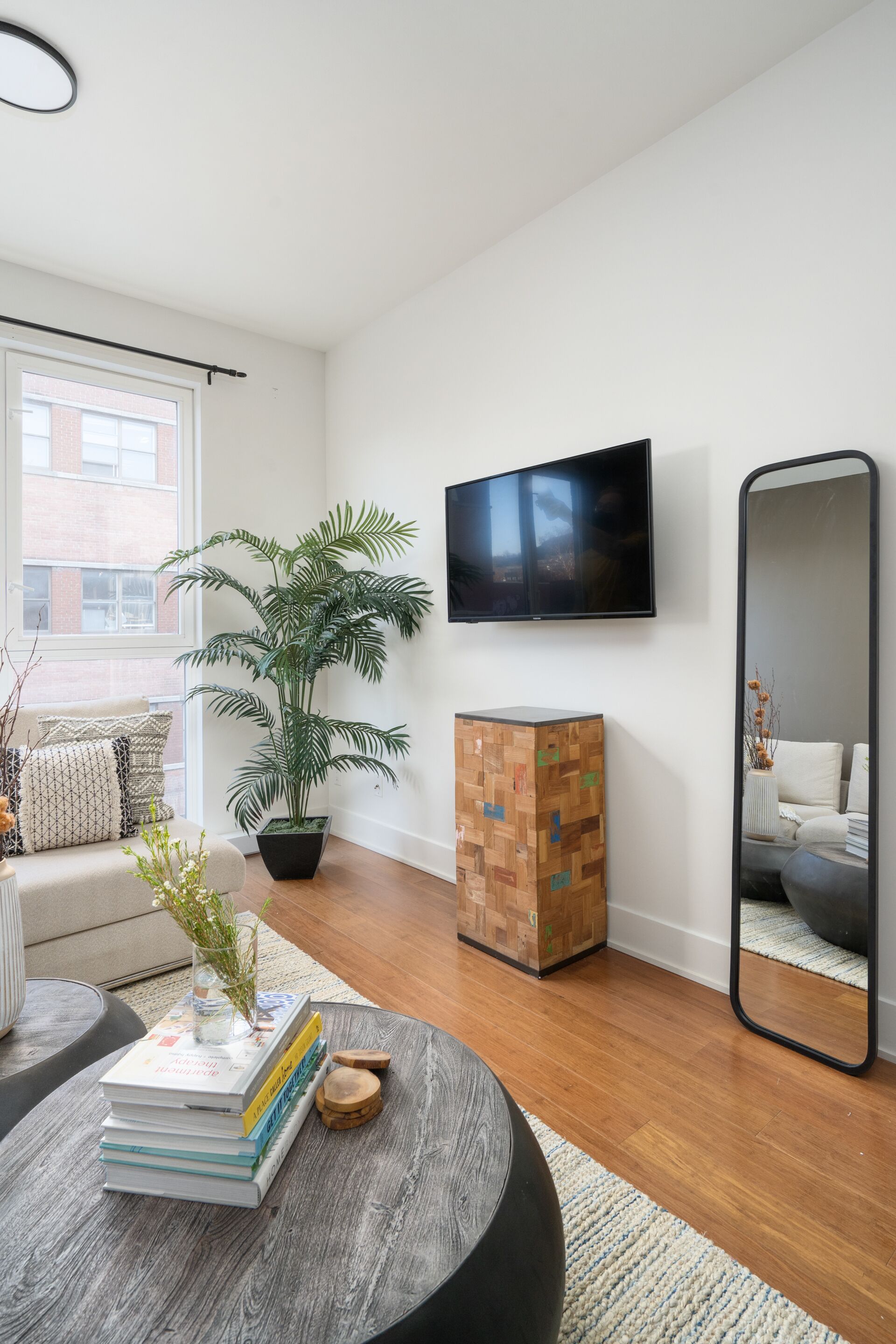 A modern living room with a sofa, a coffee table with books and a plant, a TV mounted on the wall, and a large mirror.