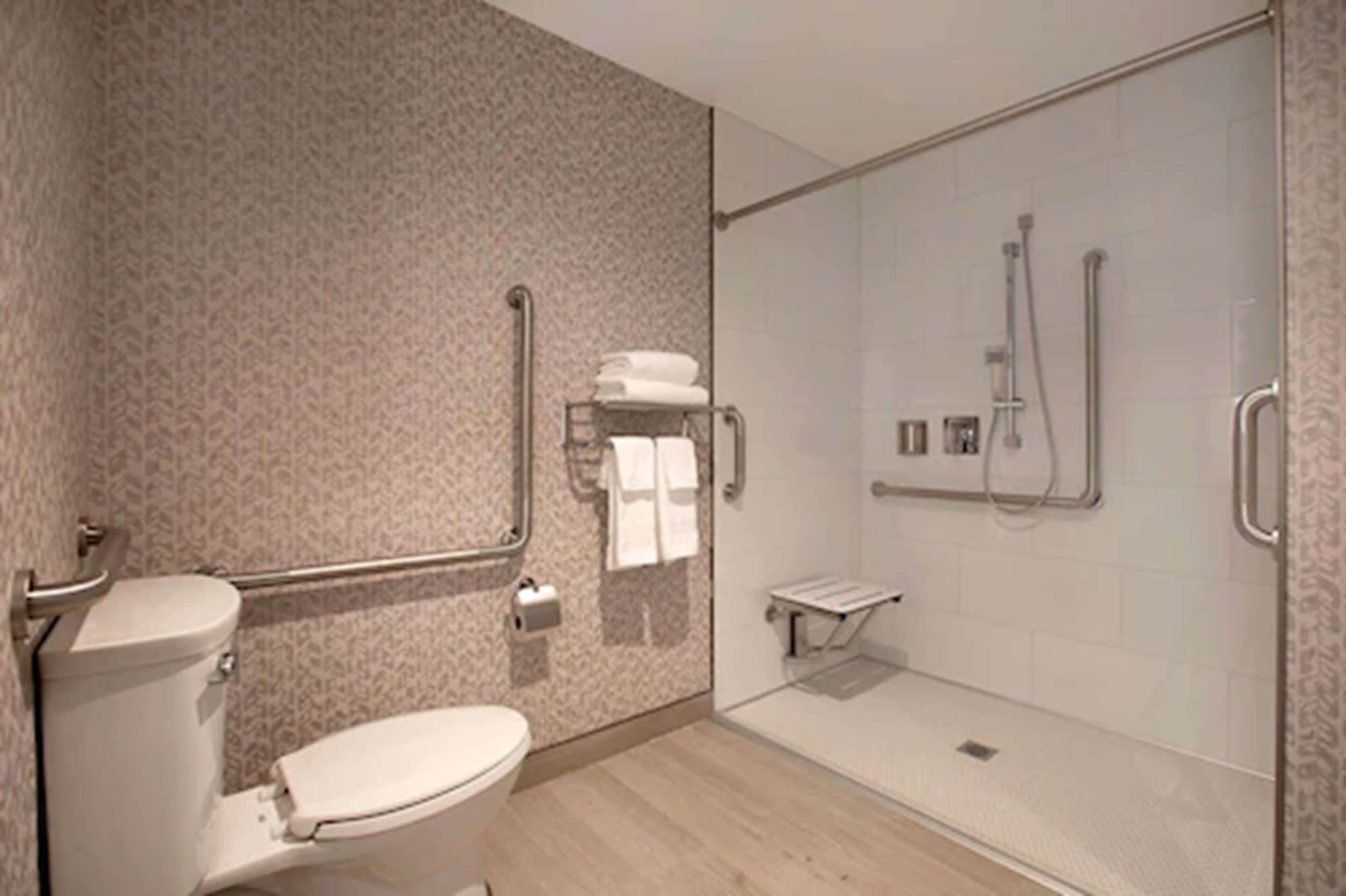A modern bathroom with a toilet, a glass-enclosed shower area, and a handrail for accessibility.