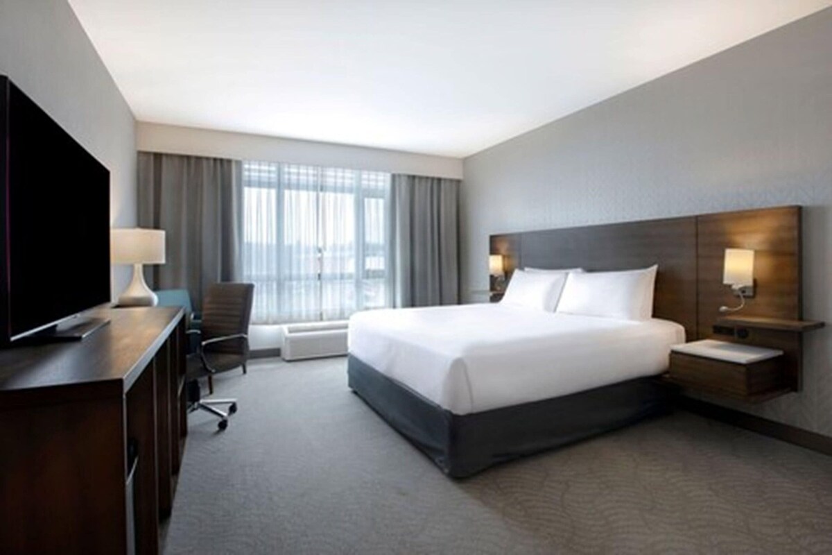 A hotel room with a large bed, a desk with a flat-screen TV, a chair, a nightstand with a lamp, and a window with curtains.