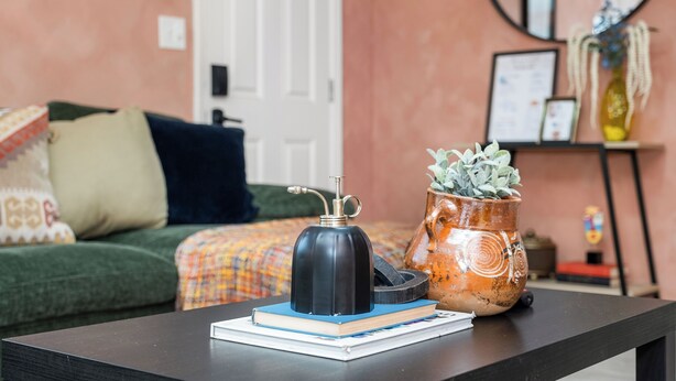 Une pièce avec une table en bois foncé, un livre, un objet noir posé sur le livre, un canapé vert orné de coussins à motifs et un vase rustique contenant une plante succulente.