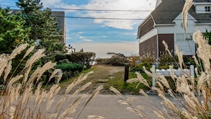 A residential street with houses, a clear sky, and tall grasses in the foreground.