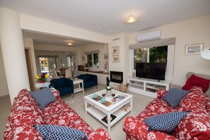 Smart TV, fireplace, music library, video library