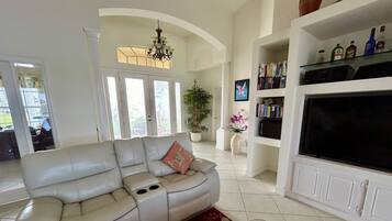 Smart TV, books, music library, stereo