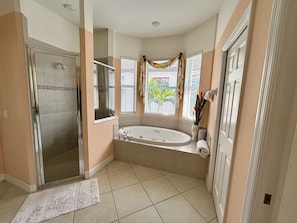Shower, jetted tub, hair dryer, bidet